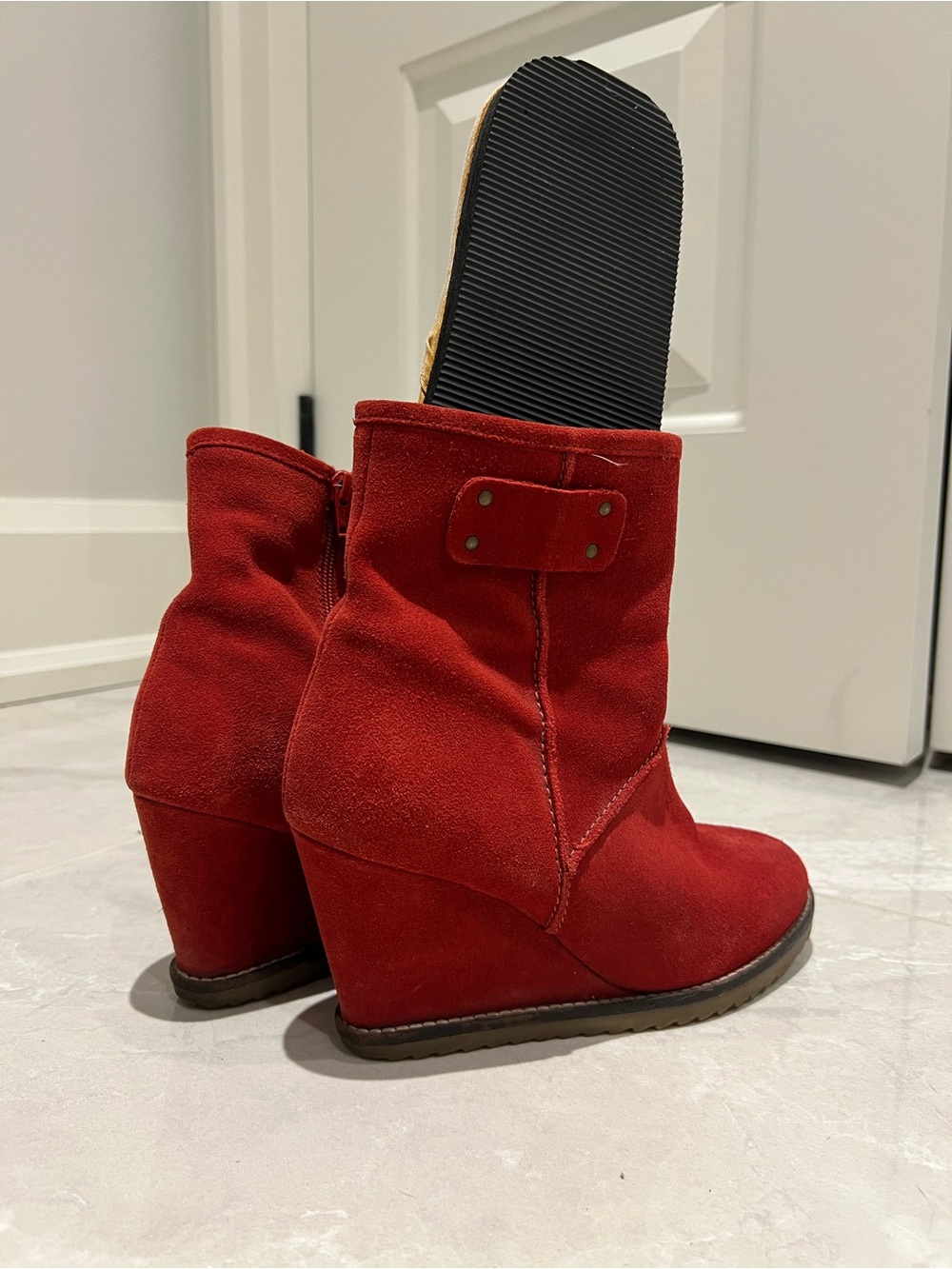 Women's Red Suede Leather Wedge Ankle Boots - Classic Style